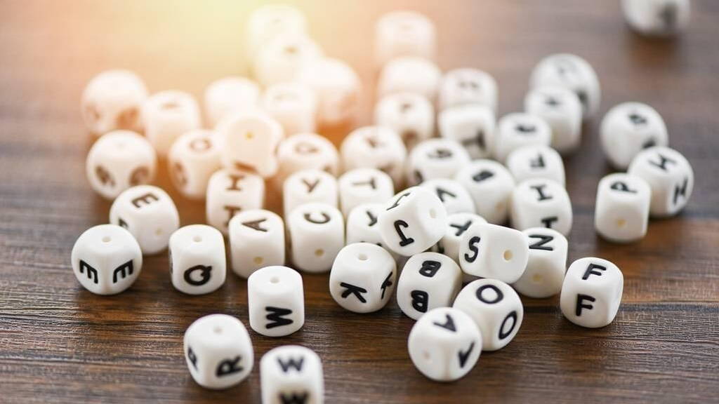 Text dice cube concept Letter dices alphabet on wooden backgroun
