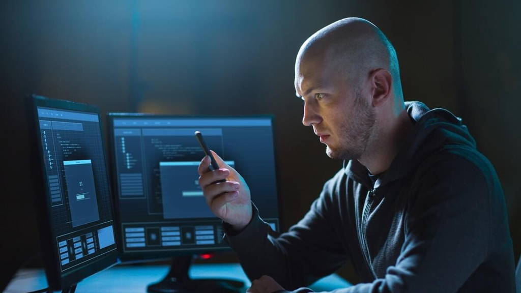 hacker with smartphone and computers in dark room