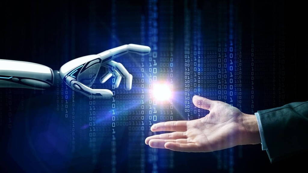 robot and human hand flash light and binary code