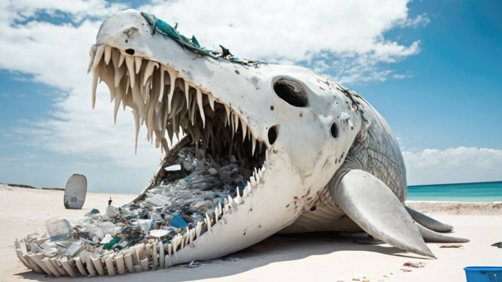 Whale skeleton filled with garbage and plastic pollution on a sa
