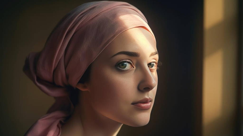Portrait of a middle age bald woman wearing a pink headscarf. Generative AI